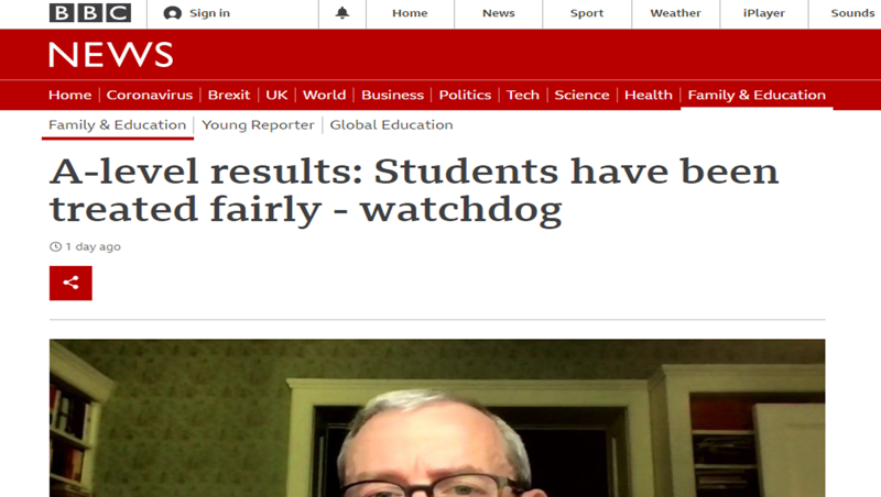 Image of A-level results: Students have been treated fairly (Link to BBC News article)